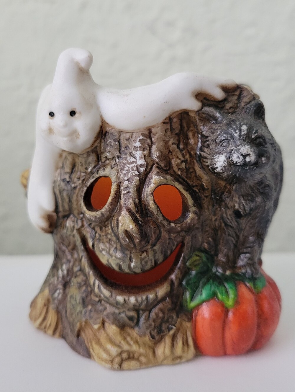 Vintage 1998 Halloween Ceramic Ghost Pumpkin & Cat Ceramic Candle Holder Signed